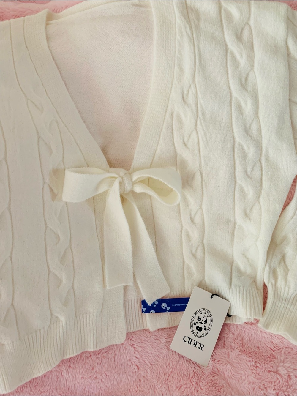 Cider Cable Knit  Bow Tie Front Cardigan Bunny Soft White XL Cozy Romantic - Picture 14 of 15